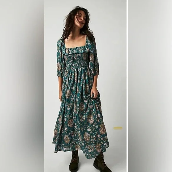 Free People Women's Ethereal Oasis Printed Midi Dress Jade Bohemian Cottage XS - Picture 7 of 7